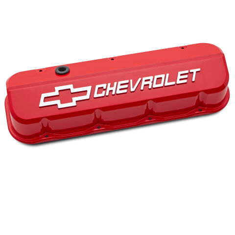 Engine Valve Covers; Tall; Die-Cast; BB Chevy; Red with Raised Chevy&nbsp;Logo