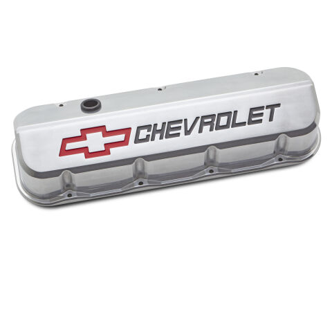 Engine Valve Covers; Tall; Die-Cast; BB Chevy; Polished w Red/Blk Chevy&nbsp;Logo