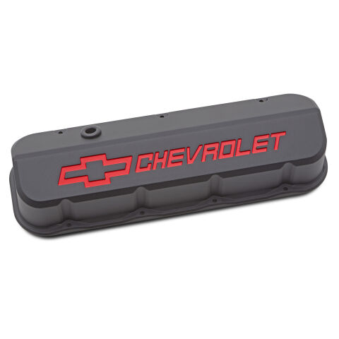 Engine Valve Covers; Tall; Die-Cast; BB Chevy; Black Crinkle w/ Red Chevy&nbsp;Logo