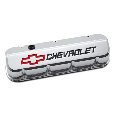 Engine Valve Covers; Tall; Die-Cast; BB Chevy; Chrome w Red/Blk Chevy&nbsp;Logo