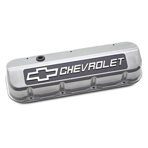 Engine Valve Covers; Tall; Die-Cast; BB Chevy; Polished w/ Blackfield Chevy&nbsp;Logo