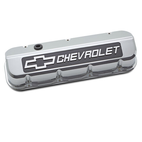 Engine Valve Covers; Tall; Die-Cast; BB Chevy; Chrome w/ Blackfield Chevy&nbsp;Logo