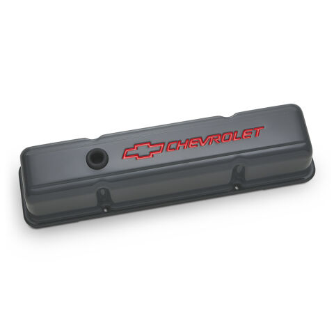 Engine Valve Covers; Stamped Steel; Tall; Shark Gray; Bowtie Logo; Fits SB&nbsp;Chevy