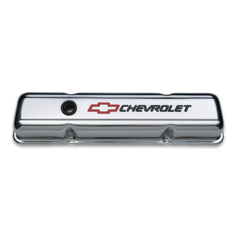 Engine Valve Covers; Stamped Steel; Short; Chrome; w/ Bowtie Logo; Fits SB&nbsp;Chevy