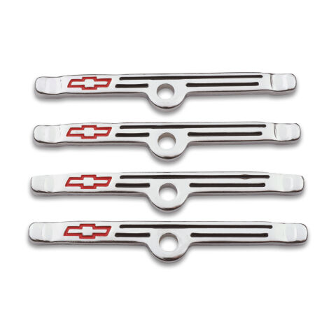 Engine Valve Cover Holdown Clamps; Chrome with Red Bowtie Logo; SB Chevy; 4&nbsp;Pcs