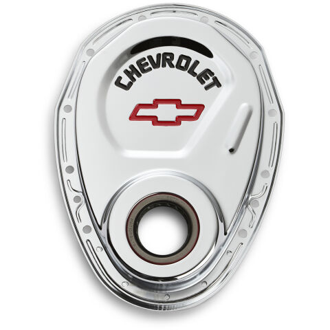 Timing Chain Cover; Chrome; Steel; With Chevy and Bowtie Logo; SB Chevy&nbsp;69-91