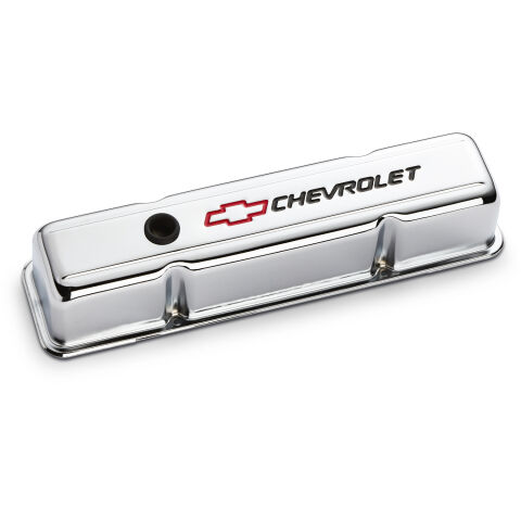 Engine Valve Covers; Stamped Steel; Tall; Chrome; w/ Bowtie Logo; Fits SB&nbsp;Chevy