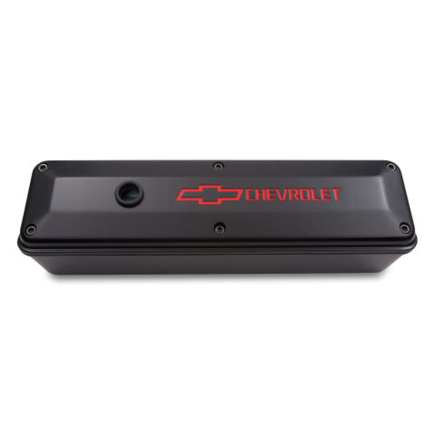 Engine Valve Cover; 2-Piece Tall Style; Die Cast; Black w/Bowtie Logo; SB&nbsp;Chevy