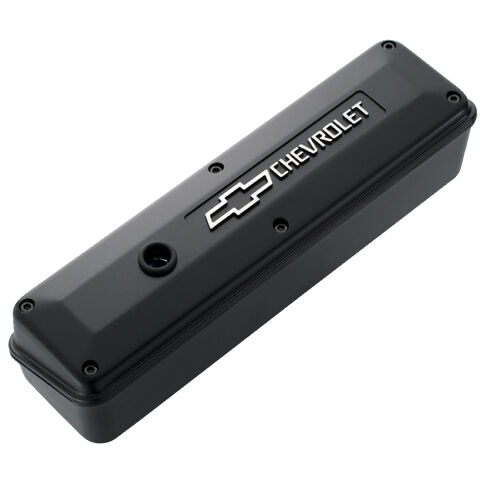 Engine Valve Cover; 2-Piece Tall Style; Die Cast; Black w/Bowtie Logo; SB&nbsp;Chevy