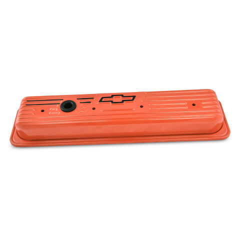 Engine Valve Covers; Center Bolt; Steel; Chevy Orange w/ Bowtie Logo; SB&nbsp;Chevy