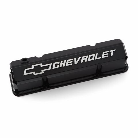 Valve Covers; Slant-Edge; Tall; Aluminum; Raised Bowtie Emblems; Liquid&nbsp;Black