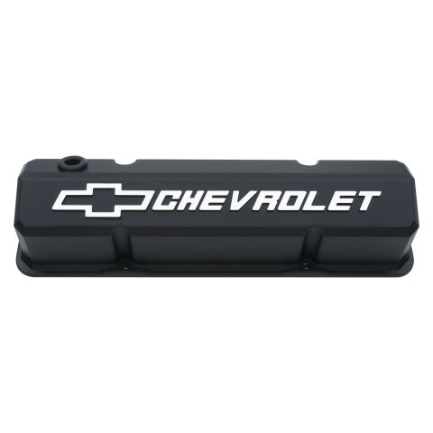 Valve Covers; Slant-Edge Tall; Die Cast; Black w/ Raised Bowtie Logo; SB&nbsp;Chevy