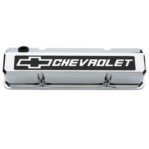 Valve Covers; Slant-Edge Tall; Die Cast; Chrome w/Raised Bowtie Logo; SB&nbsp;Chevy