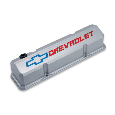 Valve Covers; Slant-Edge Tall; Die Cast; Gray w/Recessed Bowtie Logo; SB&nbsp;Chevy