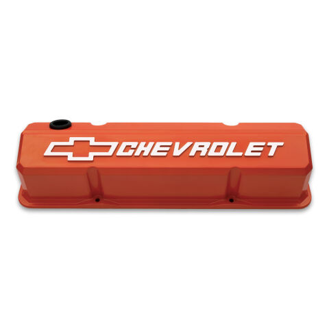 Valve Covers; Slant-Edge Tall; Die Cast; Orange w/ Raised Bowtie Logo; SB&nbsp;Chevy