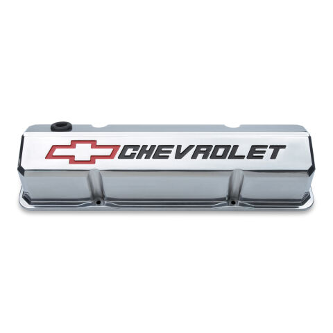 Valve Covers; Slant-Edge Tall; Die Cast; Polish w/Recessed Bowtie Logo; SB&nbsp;Chevy