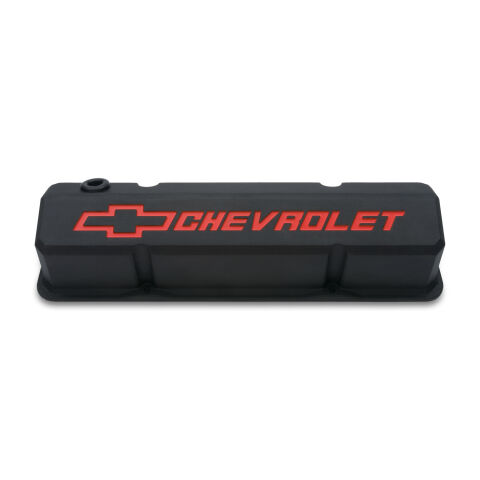 Valve Covers; Slant-Edge Tall; Die Cast; Black w/Recessed Bowtie Logo; SB&nbsp;Chevy