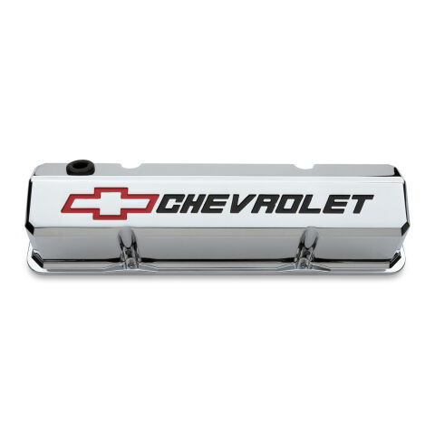 Valve Covers; Slant-Edge Tall; Die Cast; Chrome w/Recessed Bowtie Logo; SB&nbsp;Chevy