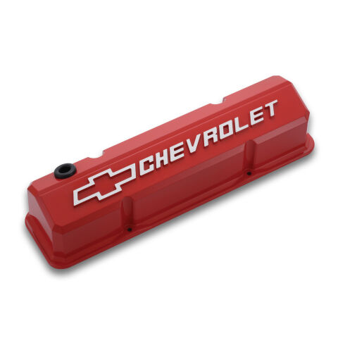 Valve Covers; Slant-Edge Tall; Die Cast; Red w/ Raised Bowtie Logo; SB&nbsp;Chevy