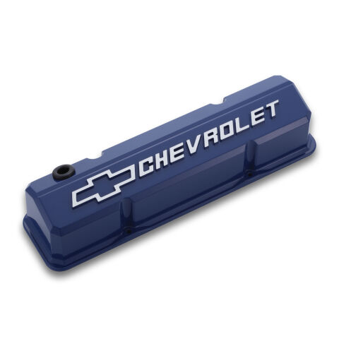 Valve Covers; Slant-Edge Tall; Die Cast; Blue w/ Raised Bowtie Logo; SB&nbsp;Chevy