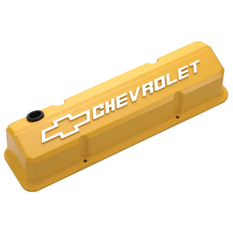 Valve Covers; Slant-Edge Tall; Die Cast; Yellow w/ Raised Bowtie Logo; SB&nbsp;Chevy