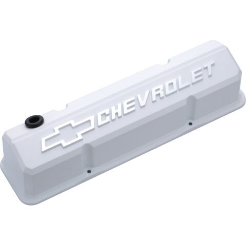 Valve Covers; Slant-Edge Tall; Die Cast; White w/ Raised Bowtie Logo; SB&nbsp;Chevy