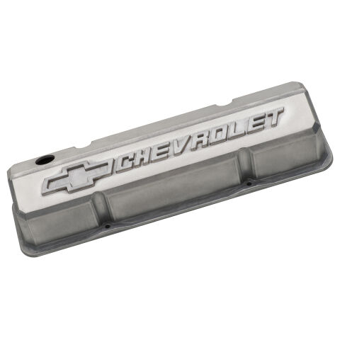 Valve Covers; Slant-Edge Tall; Alum; Unpolished w/ Raised Bowtie Logo; SB&nbsp;Chevy