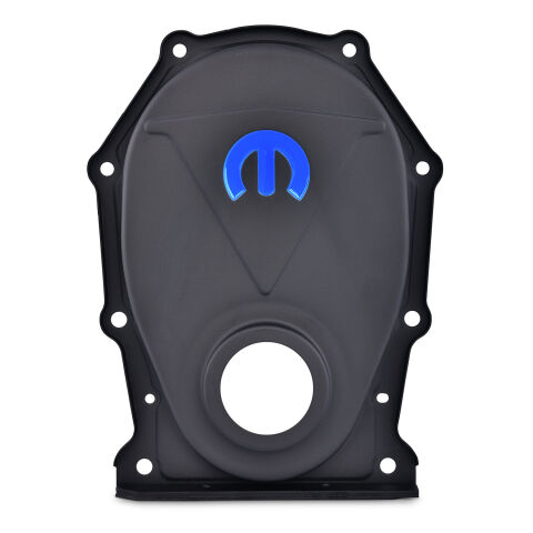 Engine Timing Chain Cover; Black Crinkle; Steel; Blue MOPAR Logo; B/RB Chrysler
