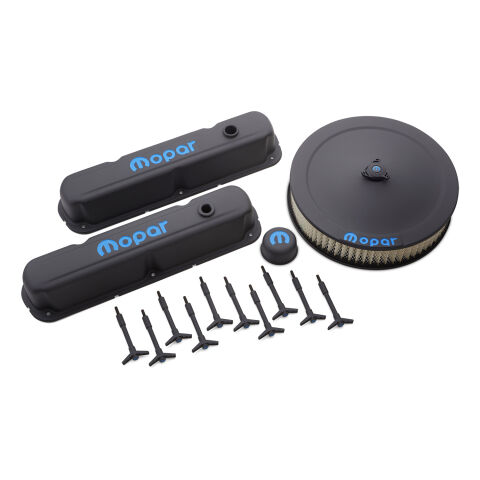 Engine Dress-Up Kit; Black Crinkle w/Blue MOPAR Logo; Fits Small Blk (LA)&nbsp;Engine