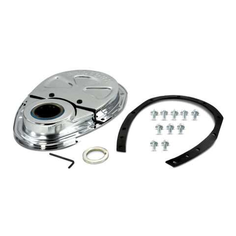 Engine Timing Chain Cover; Chrome; Steel; Two-Piece Style; Fits SB&nbsp;Chevy