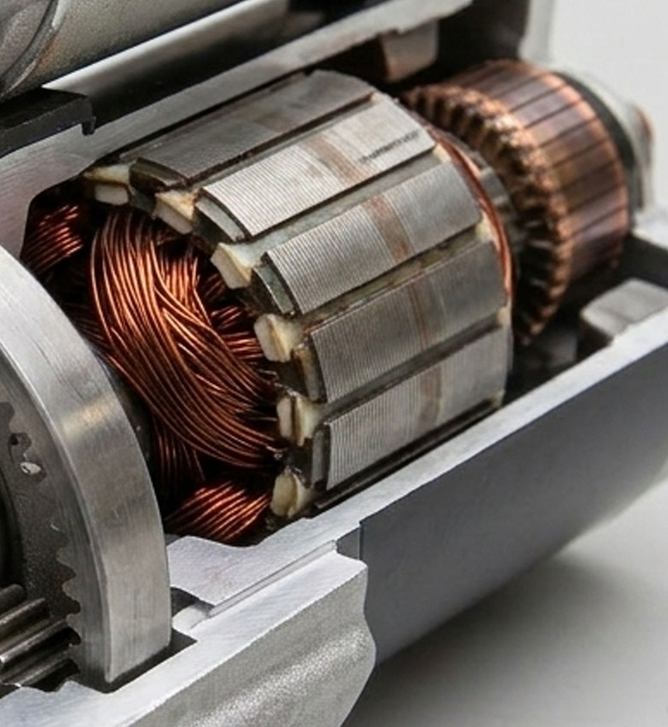 Closeup of a gear-reduction mini starter showing compact housing and mounting flange on a V8 engine block