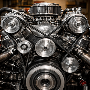 V8 engine accessory drive with belts and pulleys aligned and stable