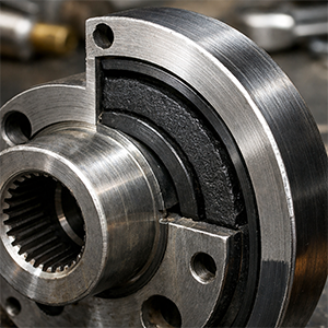 Close-up of harmonic balancer showing elastomer damping layer and outer ring
