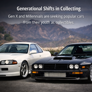 Two 1980s&ndash;1990s era performance cars parked with mountains behind them, showing Gen X and Millennial interest in hero cars from their youth