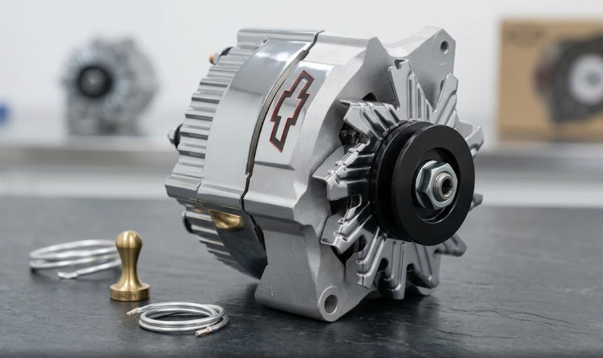 Gray alternator displayed on a marble table with wires beside it and other car parts in the distance.