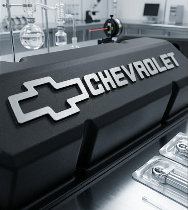 Black die cast Chevrolet valve cover displayed inside a car garage on top of a silver table.