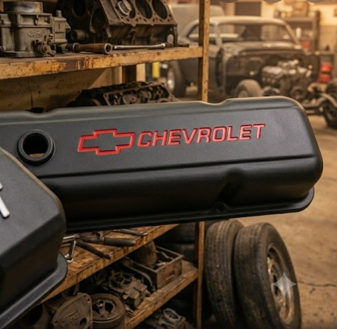 Stamped steel Chevrolet valve cover displayed on a wooden shelf with car parts surrounding it.