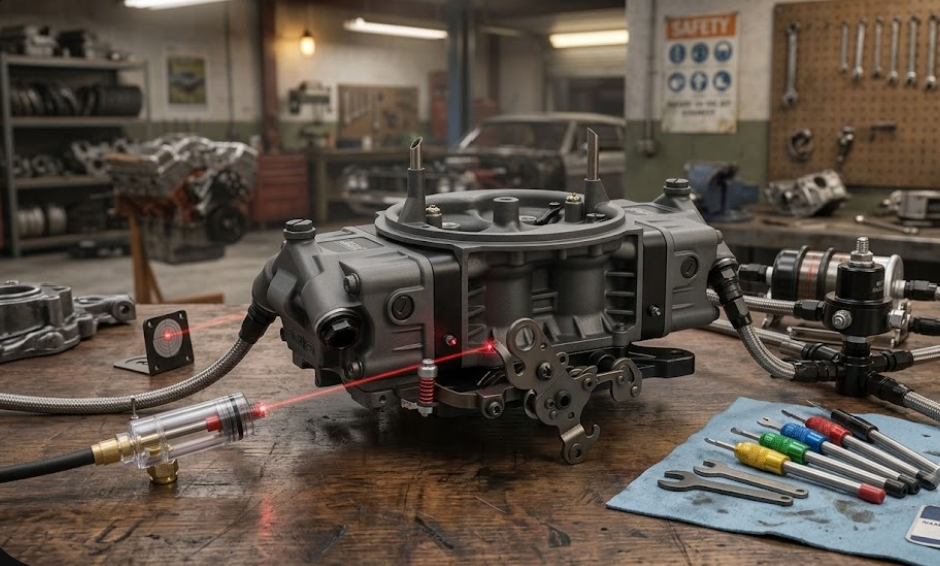 Carburetor displayed on top of a wooden table being tuned by different tools including lasers.
