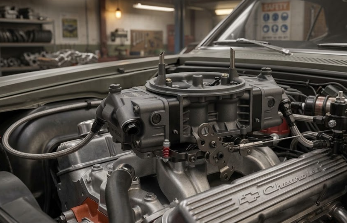 Carburetor inside a car's hood showing how to tune a carburetor.
