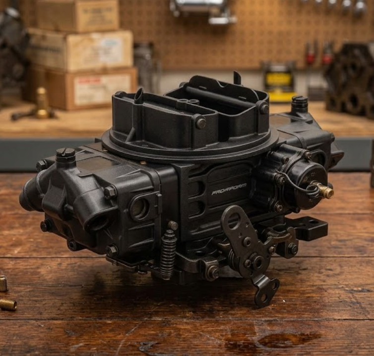 Race Series Street Strip Carburetor with black coloring displayed in a car garage.