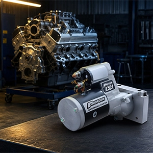 PROFORM Part 66255 high-torque starter displayed on a workbench in an engine shop