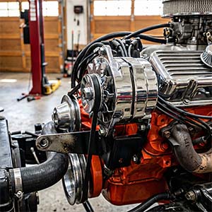 Chrome alternator installed on the front accessory drive of a classic V8 engine