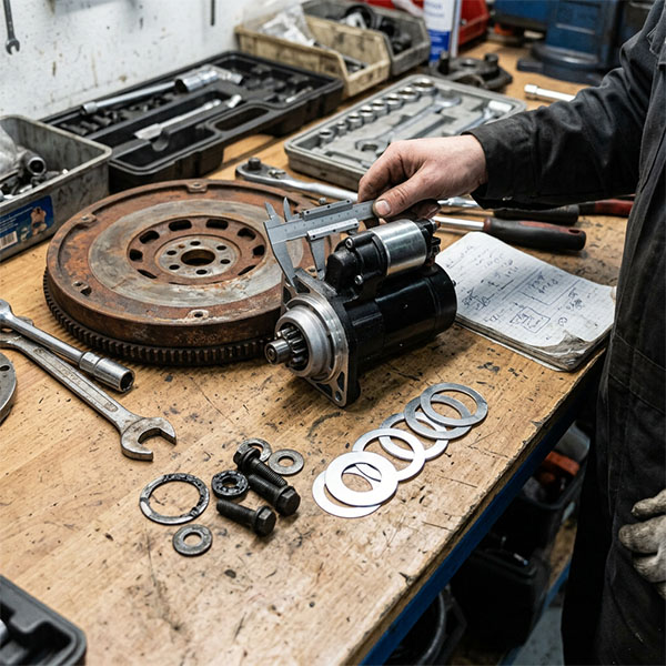 Builder checking a high-torque mini starter beside a flywheel and shims for high-compression engine fitment.